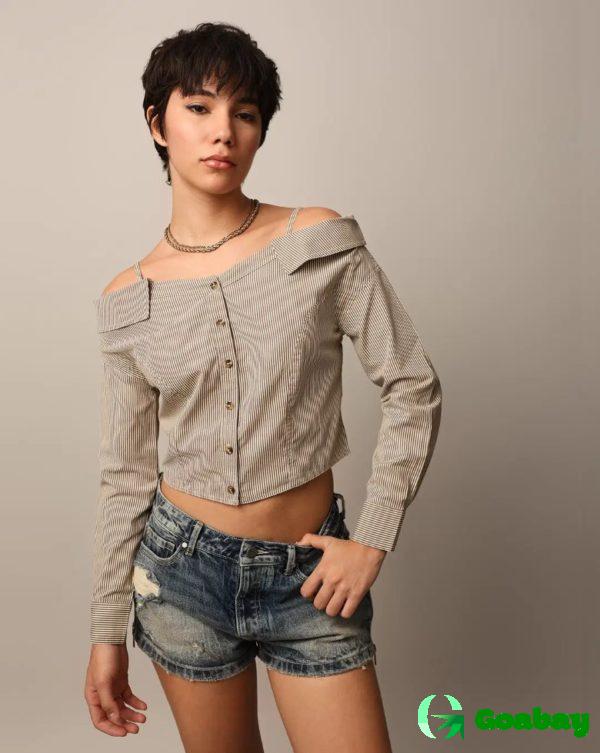 Only Shirt Olive Striped Off-Shoulder - Image 2